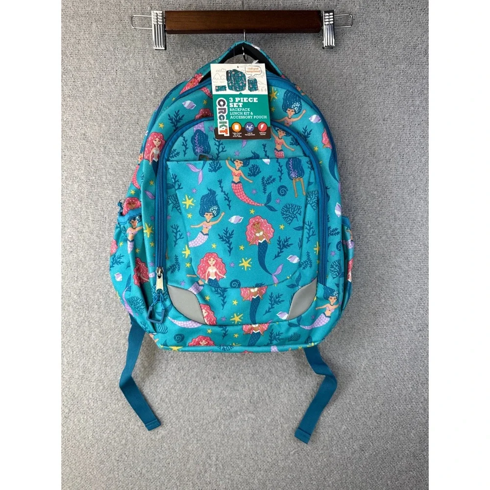 New Crckt Mermaid 3 Piece Backpack Lunch Kit Accessory Pouch Kids School Set NWT